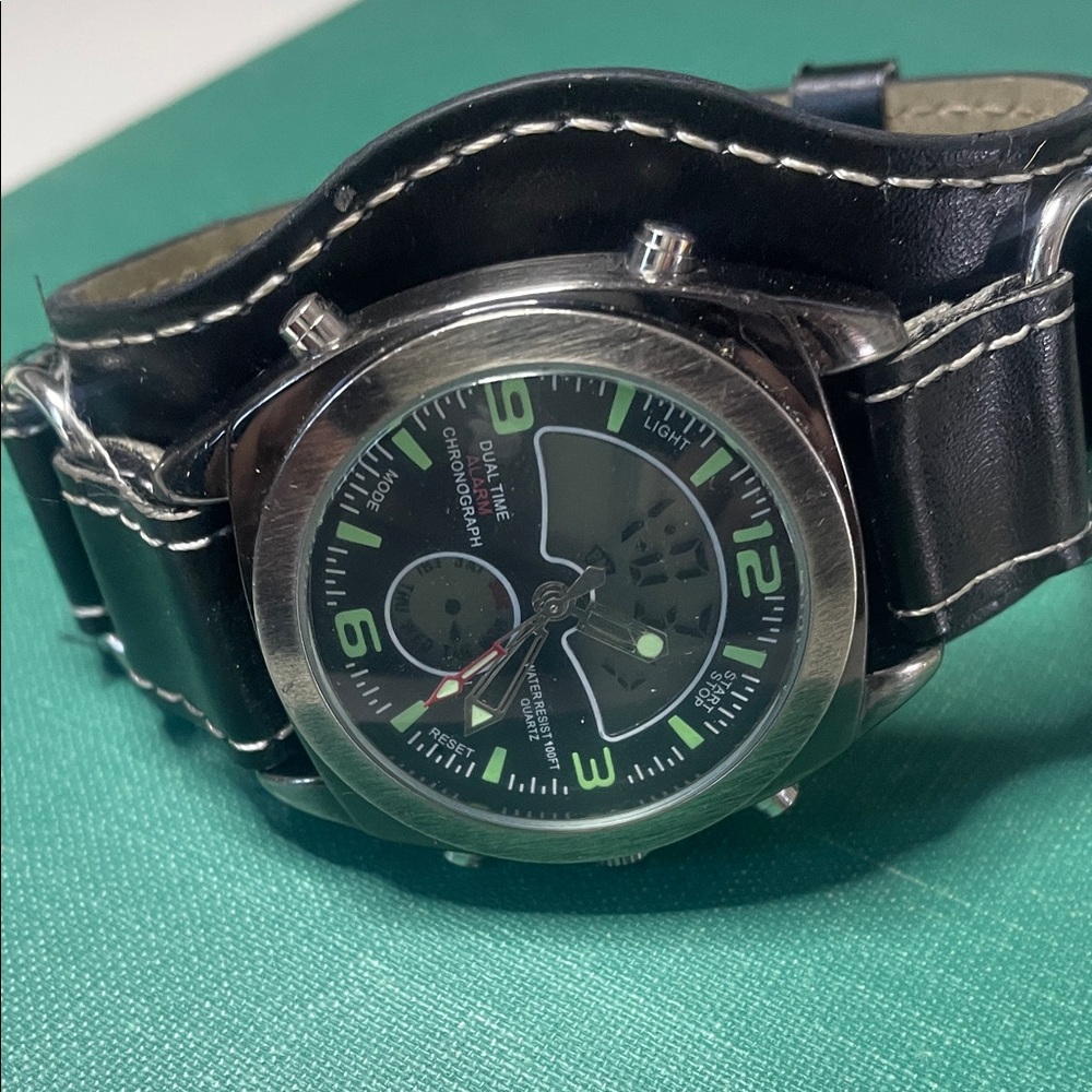 Black Leather Strap Watch with Green Accents - Picture 1 of 7
